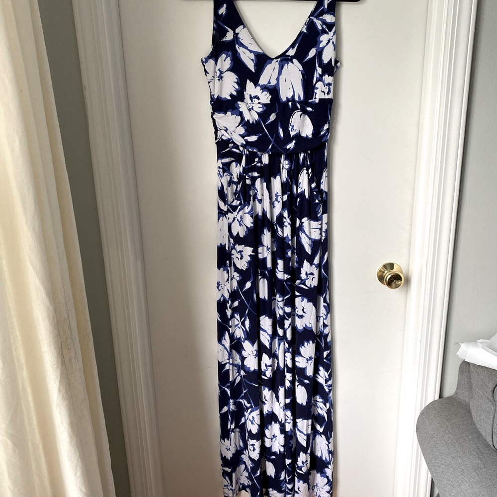 S Blue and White Floral Jersey Maxi Dress